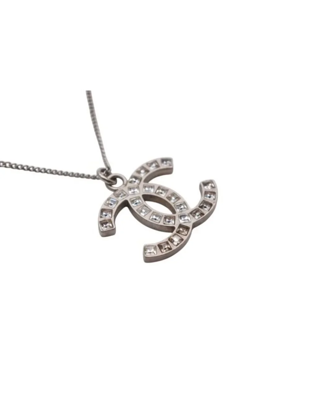 Chanel CC Logo Square Rhinestone Necklace 48 Silver Metal